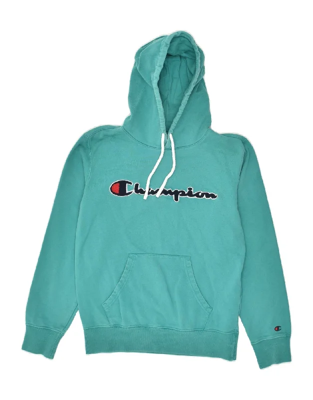 CHAMPION Womens Graphic Hoodie Jumper UK 10 Small Turquoise Cotton Hoodie with Full-Zip Functional Layering