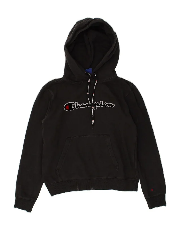 CHAMPION Womens Graphic Hoodie Jumper UK 14 Medium Black Cotton Hoodie with Hem Elastic Stretchable Comfortable CHAMPION Womens Graphic Hoodie Jumper UK 14 Medium Black Cotton Hoodie with Hem Elastic Stretchable Comfortable