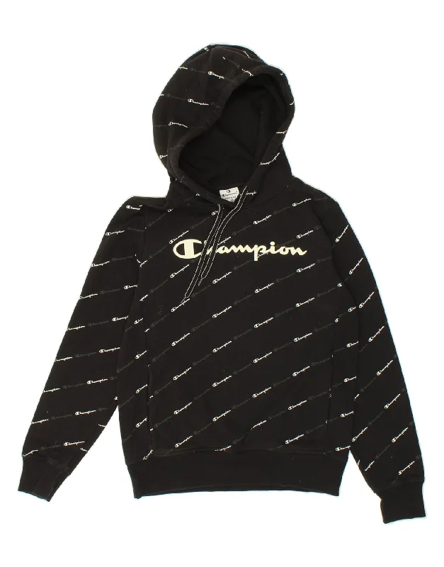 CHAMPION Womens Graphic Hoodie Jumper UK 14 Medium Black Cotton Hoodie with Crew Neck Simple Timeless