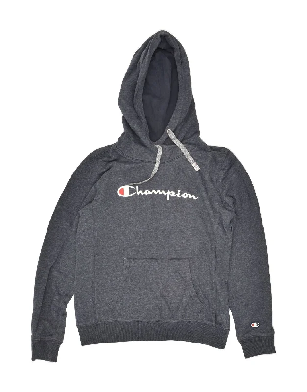 CHAMPION Womens Graphic Hoodie Jumper UK 14 Medium Grey Cotton Hoodie with Cuffed Sleeves Snug Secure