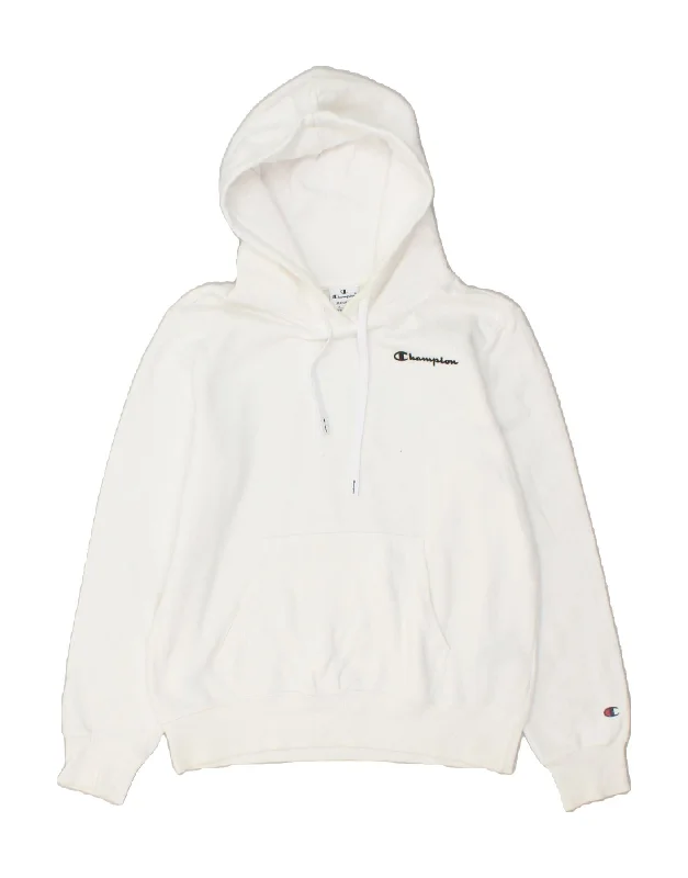 CHAMPION Womens Graphic Hoodie Jumper UK 14 Medium White Cotton Hoodie with Mesh Breathable Sporty