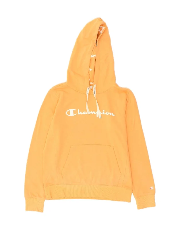 CHAMPION Womens Graphic Hoodie Jumper UK 14 Medium Yellow Hoodie with Set-In Sleeves Structured Classic