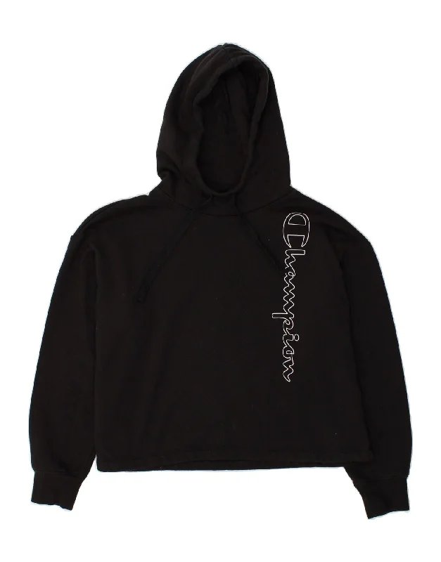 CHAMPION Womens Graphic Hoodie Jumper UK 16 Large Black Hoodie with Hood Adjustable Protection