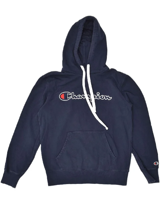 CHAMPION Womens Graphic Hoodie Jumper UK 16 Large Navy Blue Cotton Hoodie with Mock Neck Collared Structured