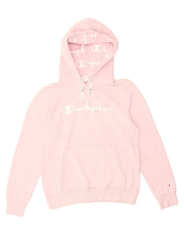 CHAMPION Womens Graphic Hoodie Jumper UK 16 Large Pink Hoodie with Slit Hem Functional Movement