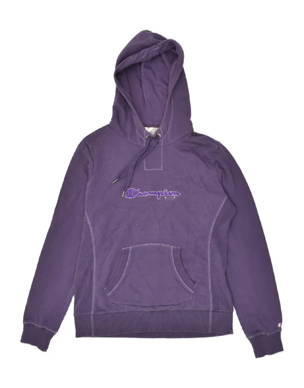 CHAMPION Womens Graphic Hoodie Jumper UK 16 Large Purple Hoodie with Hem Raw Edge Edgy Unfinished