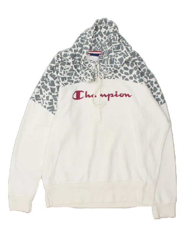 CHAMPION Womens Oversized Graphic Sweatshirt Jumper UK 18 XL White Hoodie with Contrast Stitching Detailed Premium