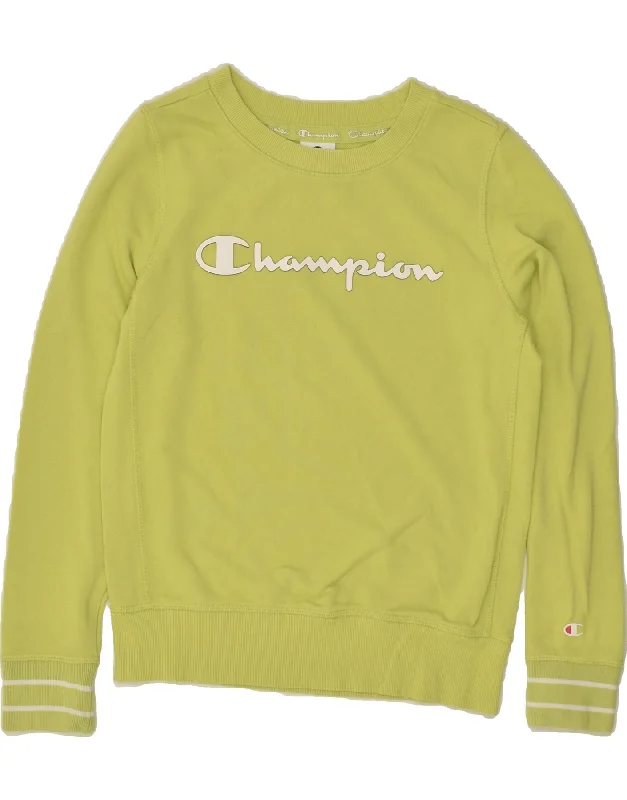 CHAMPION Womens Oversized Graphic Sweatshirt Jumper UK 6 XS Green Cotton Hoodie with High-Low Hem Asymmetrical Trendy