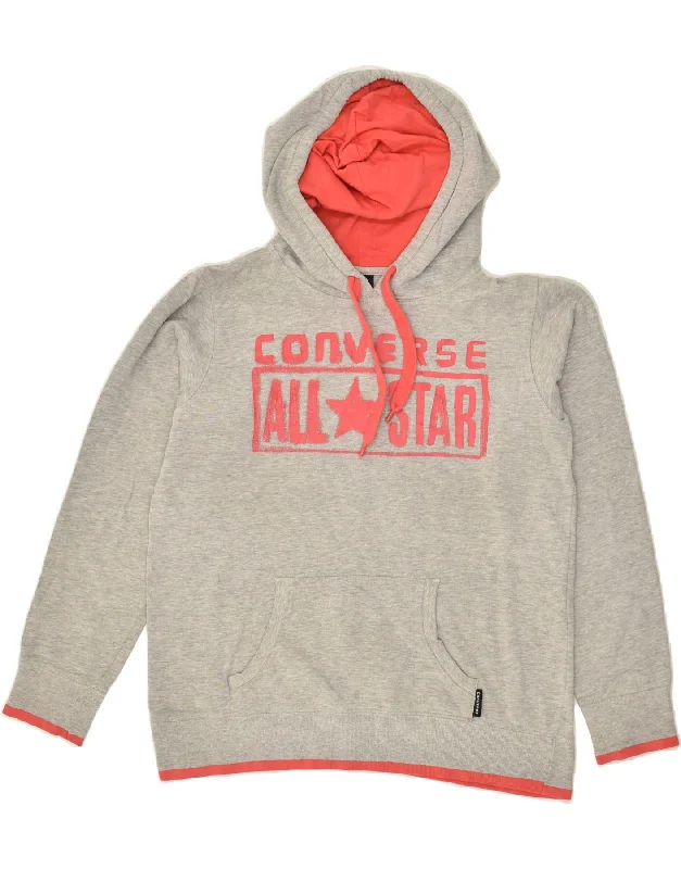 CONVERSE Womens Graphic Hoodie Jumper UK 14 Medium Grey Cotton Hoodie with Mock Neck Collared Structured