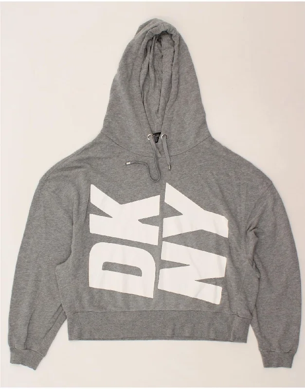 DKNY Womens Graphic Crop Hoodie Jumper UK 18 XL Grey Cotton Hoodie with Longline Fit Extended Stylish