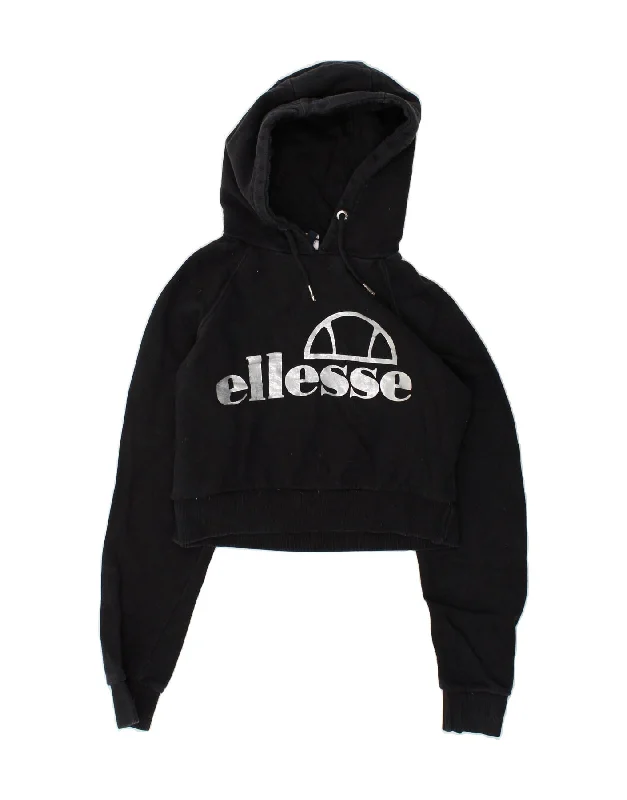 ELLESSE Womens Graphic Crop Hoodie Jumper UK 10 Small Black Hoodie with Hem Embroidery Detailed Premium