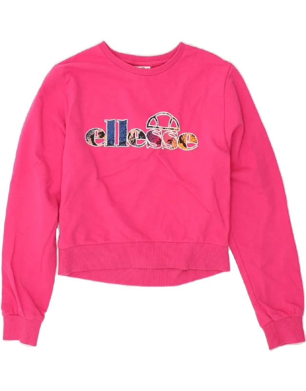 ELLESSE Womens Graphic Crop Sweatshirt Jumper UK 10 Small Pink Hoodie with Lace Feminine Delicate