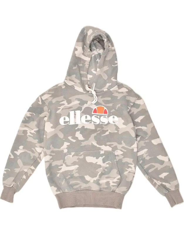 ELLESSE Womens Graphic Hoodie Jumper UK 8 Small Grey Camouflage Cotton Hoodie Dress Longline Feminine