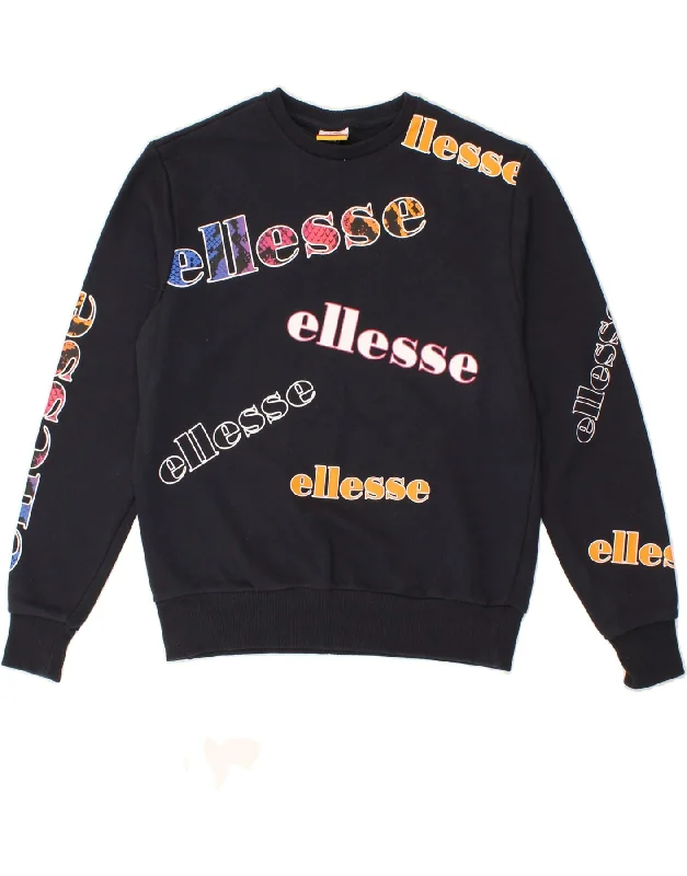 ELLESSE Womens Graphic Sweatshirt Jumper UK 12 Medium  Grey Cotton Hoodie with Hem Frayed Vintage Worn