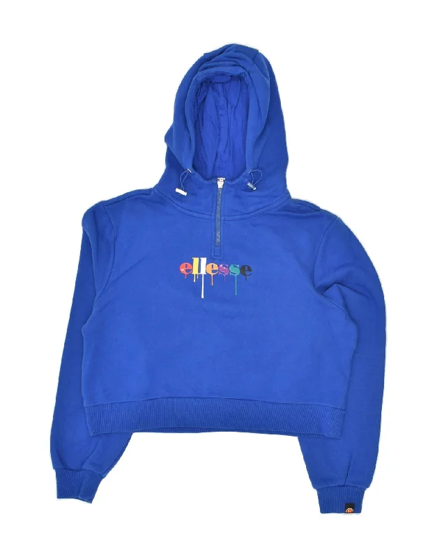 ELLESSE Womens Graphic Zip Neck Hoodie Jumper UK 14 Medium Blue Cotton Hoodie with Contrast Stitching Detailed Premium