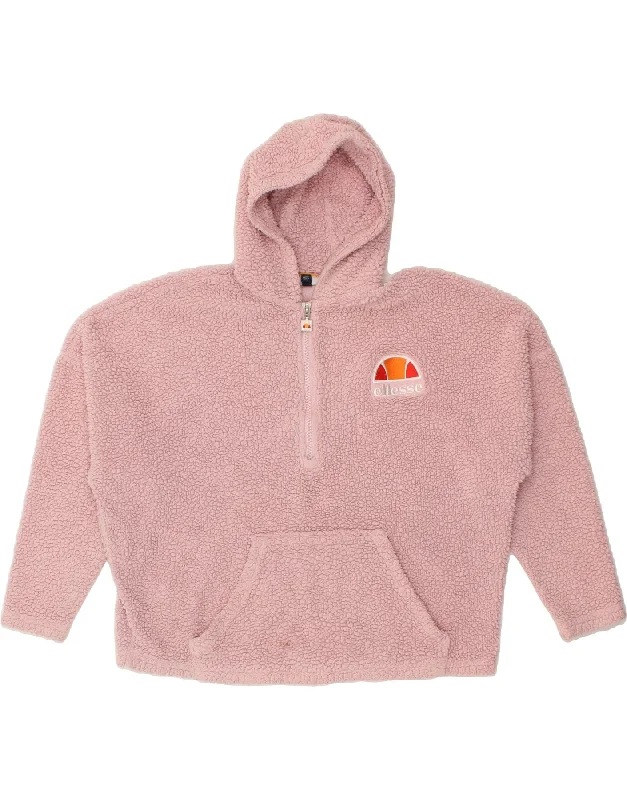 ELLESSE Womens Oversized Hooded Fleece Jumper UK 10 Small Pink Polyester Hoodie with Hem Lace Feminine Delicate