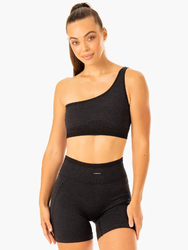 Excel Seamless One Shoulder Sports Bra - Black Marl Lace-Trimmed Bra