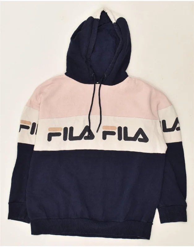 FILA Womens Graphic Hoodie Jumper UK 12 Medium Navy Blue Colourblock Hoodie with Front Slit Layering Stylish