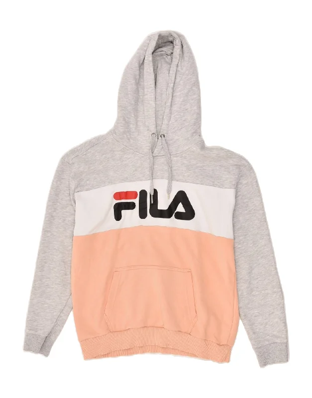 FILA Womens Graphic Hoodie Jumper UK 14 Large Grey Colourblock Hoodie with Drawstring Waist Adjustable Fitted