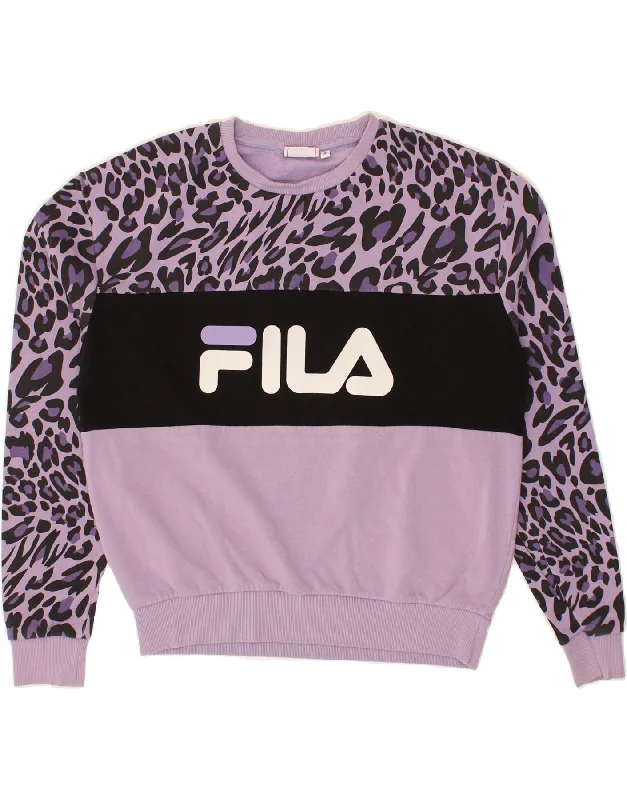 FILA Womens Graphic Sweatshirt Jumper UK 10 Small Purple Animal Print Hoodie with Embroidery Detailed Premium FILA Womens Graphic Sweatshirt Jumper UK 10 Small Purple Animal Print Hoodie with Embroidery Detailed Premium