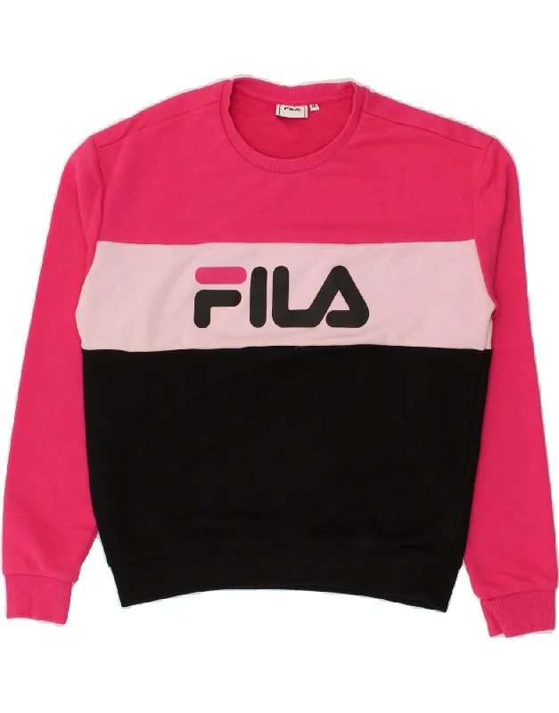 FILA Womens Graphic Sweatshirt Jumper UK 14 Medium Pink Colourblock Cotton Hoodie with Double Zipper Versatile Adjustable FILA Womens Graphic Sweatshirt Jumper UK 14 Medium Pink Colourblock Cotton Hoodie with Double Zipper Versatile Adjustable