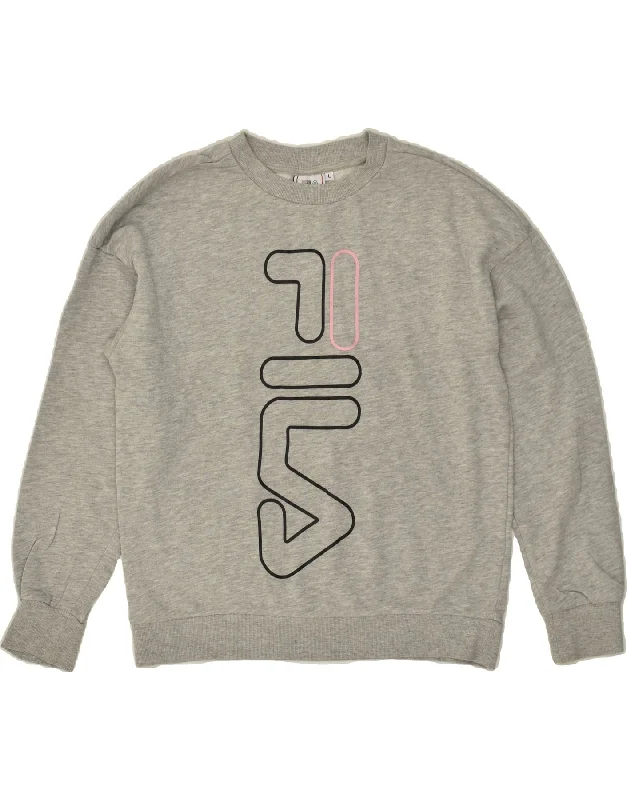 FILA Womens Graphic Sweatshirt Jumper UK 16 Large Grey Cotton Hoodie with Hem Applique Textured Unique