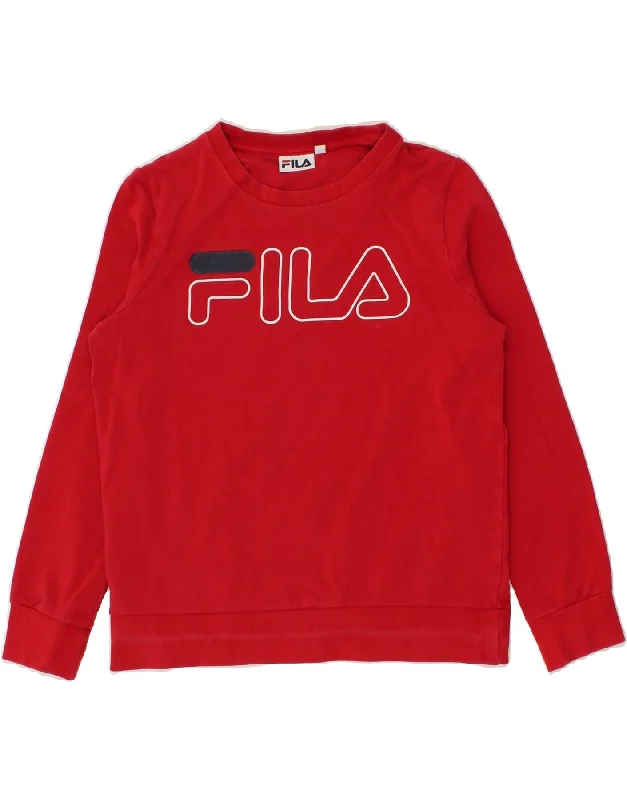 FILA Womens Graphic Sweatshirt Jumper UK 6 XS Red Cotton Hoodie with Typography Text Message