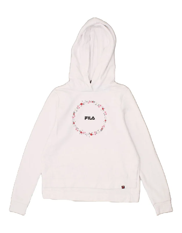 FILA Womens Oversized Crop Graphic Hoodie Jumper UK 6 XS White Floral Hoodie with Neon Bright Vibrant