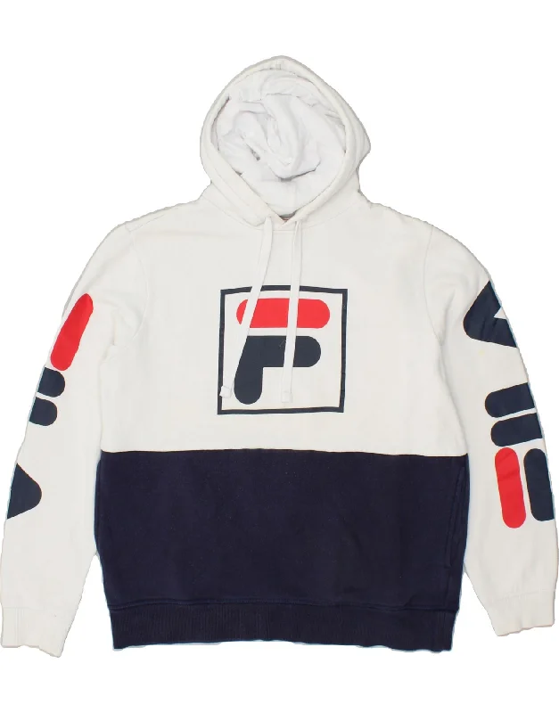 FILA Womens Oversized Graphic Hoodie Jumper UK 10 Small White Colourblock Hoodie with Metallic Shiny Futuristic FILA Womens Oversized Graphic Hoodie Jumper UK 10 Small White Colourblock Hoodie with Metallic Shiny Futuristic