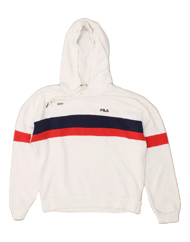 FILA Womens Oversized Graphic Hoodie Jumper UK 10 Small White Striped Hoodie with Color Block Contrast Stylish