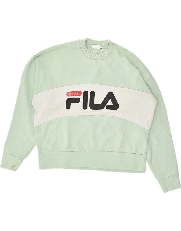 FILA Womens Oversized Graphic Sweatshirt Jumper UK 6 XS Green Colourblock Hoodie with Rolled Sleeves Casual Relaxed