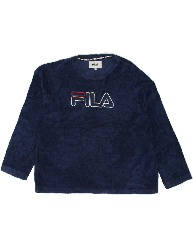 FILA Womens Sweatshirt Jumper UK 14 Medium Navy Blue Polyester Hoodie with Pattern Geometric Abstract