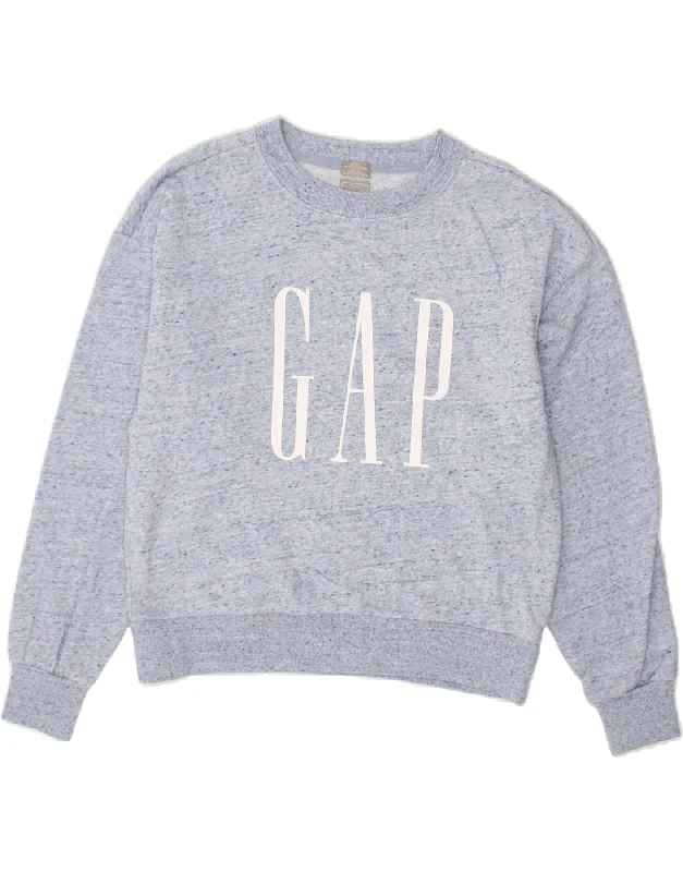 GAP Womens Graphic Sweatshirt Jumper UK 10 Small Blue Flecked Cotton Hoodie with Color Block Contrast Stylish