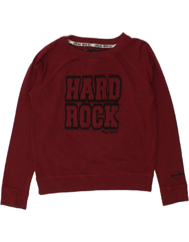 HARD ROCK CAFE Womens New York Graphic Sweatshirt Jumper UK 18 XL Maroon Hoodie with Ribbed Neckline Snug Warm