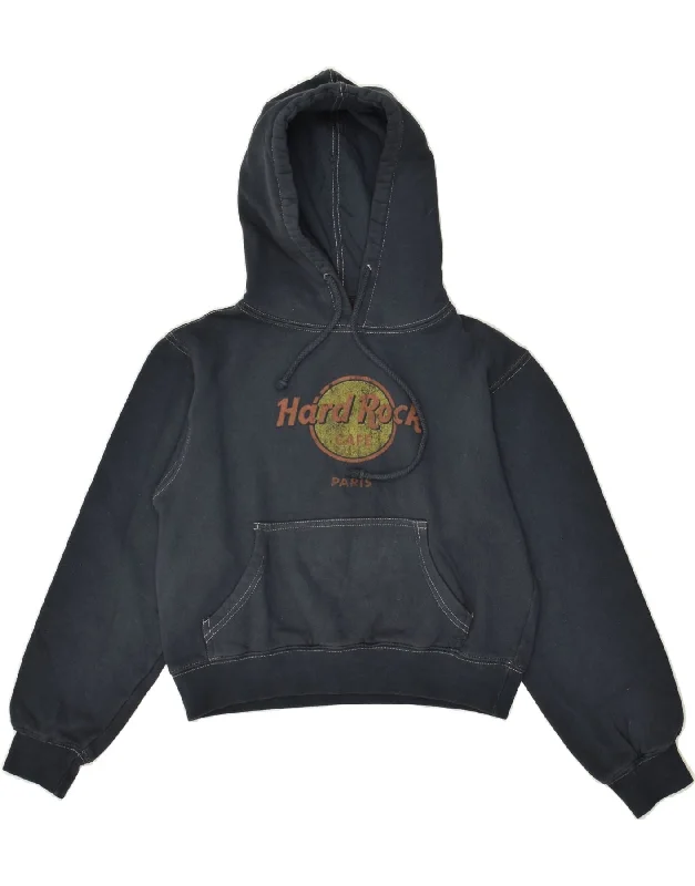 HARD ROCK CAFE Womens Paris Crop Graphic Hoodie Jumper UK 6 XS Navy Blue Hoodie with Tied Waist Feminine Flattering