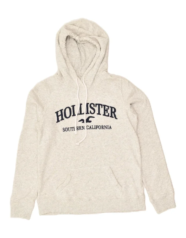 HOLLISTER Womens Graphic Hoodie Jumper UK 10 Small Grey Cotton Hoodie with Set-In Sleeves Structured Classic