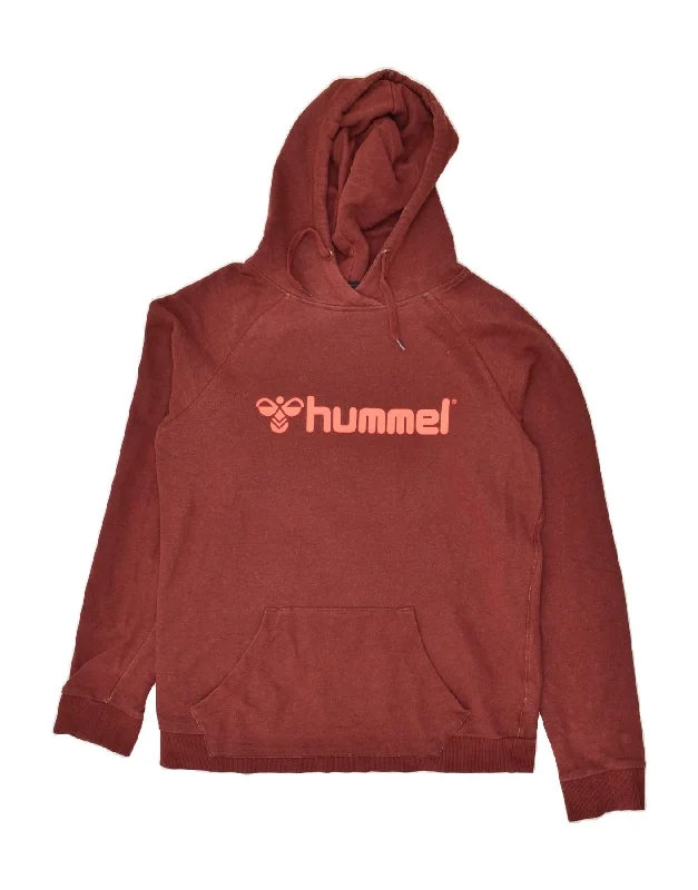 HUMMEL Womens Graphic Hoodie Jumper UK 18 XL Burgundy Cotton Hoodie with Strings Custom Fit Adjustable