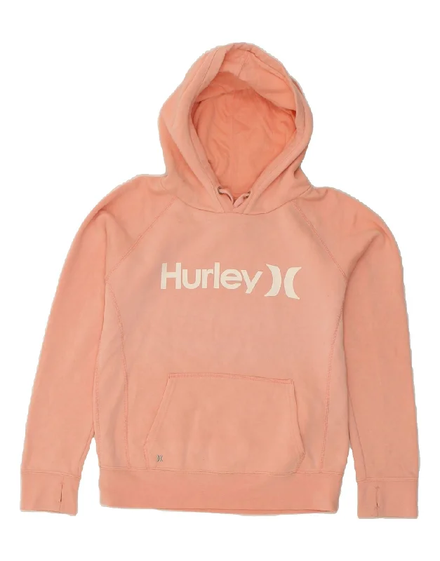 HURLEY Womens Graphic Hoodie Jumper UK 10 Small Pink Cotton Hoodie with Hem Elastic Stretchable Comfortable