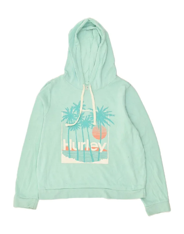 HURLEY Womens Graphic Hoodie Jumper UK 14 Medium Turquoise Cotton Hoodie with Button Classic Timeless