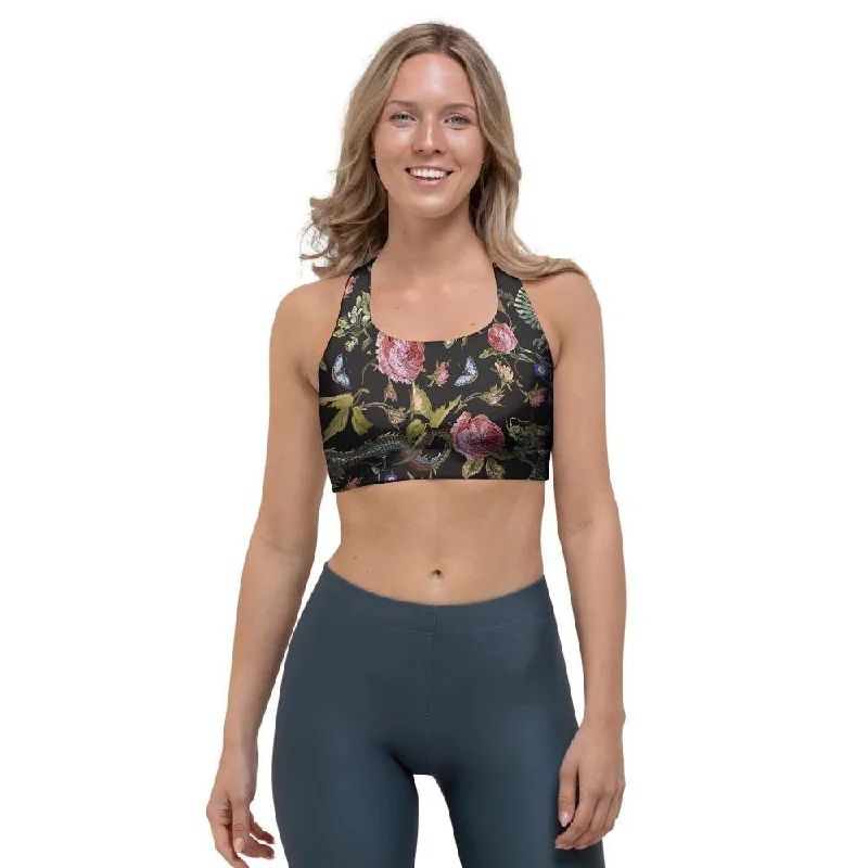 Janpanese Floral Dragon Print Sports Bra Simple Wireless Bra