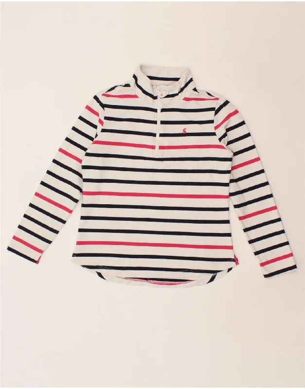 JOULES Womens Zip Neck Sweatshirt Jumper UK 12 Medium White Striped Cotton Hoodie with Hem Elastic Stretchable Comfortable