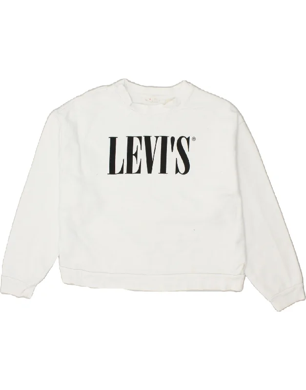 LEVI'S Womens Crop Graphic Sweatshirt Jumper UK 14 Medium White Cotton Hoodie with Button Placket Classic Preppy