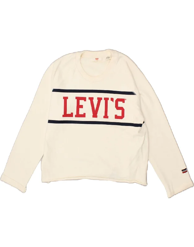 LEVI'S Womens Crop Graphic Sweatshirt Jumper UK 16 Large Off White Cotton Hoodie with Stripes Bold Sporty