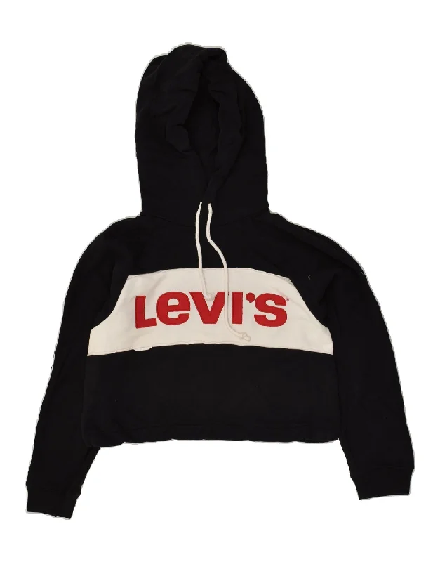 LEVI'S Womens Graphic Crop Hoodie Jumper UK 6 XS Black Colourblock Cotton Hoodie with Earth Tones Natural Calm