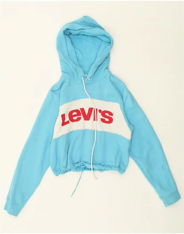 LEVI'S Womens Graphic Crop Hoodie Jumper UK 6 XS Blue Colourblock Hoodie with Earth Tones Natural Calm