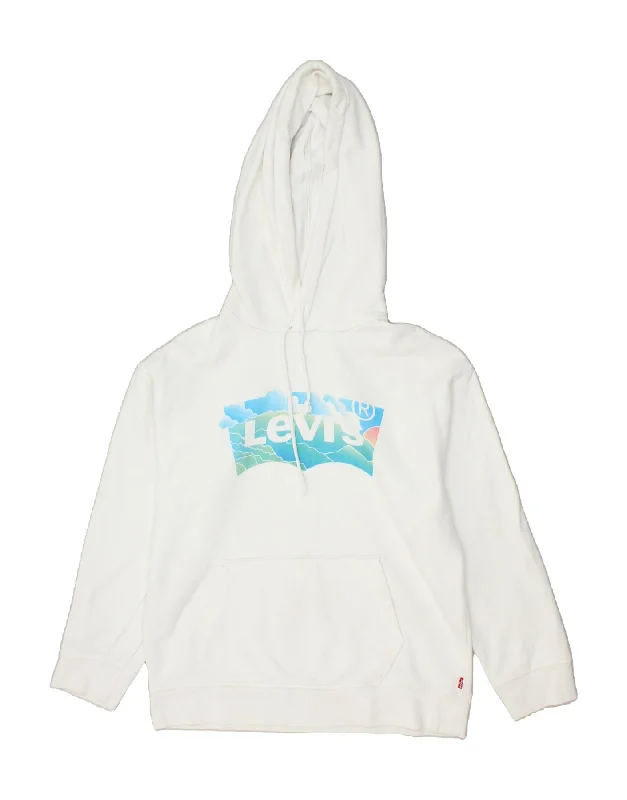 LEVI'S Womens Graphic Hoodie Jumper UK 10 Small White Cotton Hoodie with High-Low Hem Asymmetrical Trendy