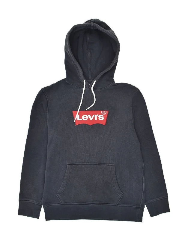 LEVI'S Womens Graphic Hoodie Jumper UK 14 Medium Navy Blue Cotton Hoodie with Button Classic Timeless