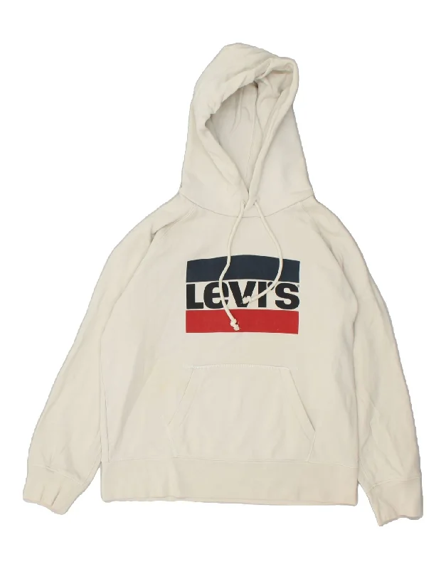 LEVI'S Womens Graphic Hoodie Jumper UK 14 Medium Off White Cotton Hoodie with Magnetic Closure Innovative Modern