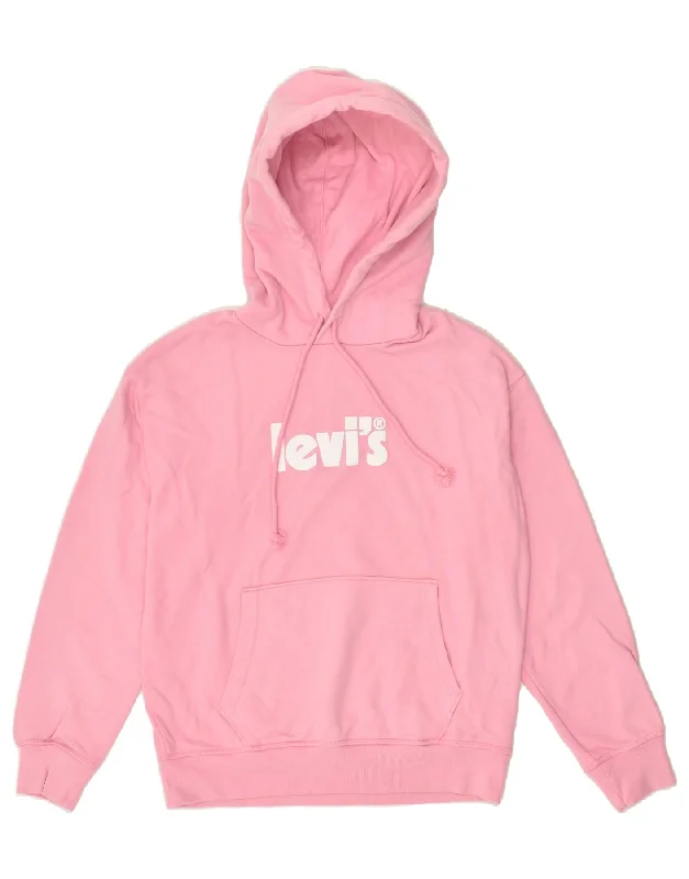 LEVI'S Womens Graphic Hoodie Jumper UK 6 XS Pink Cotton Hoodie with Slit Hem Functional Movement