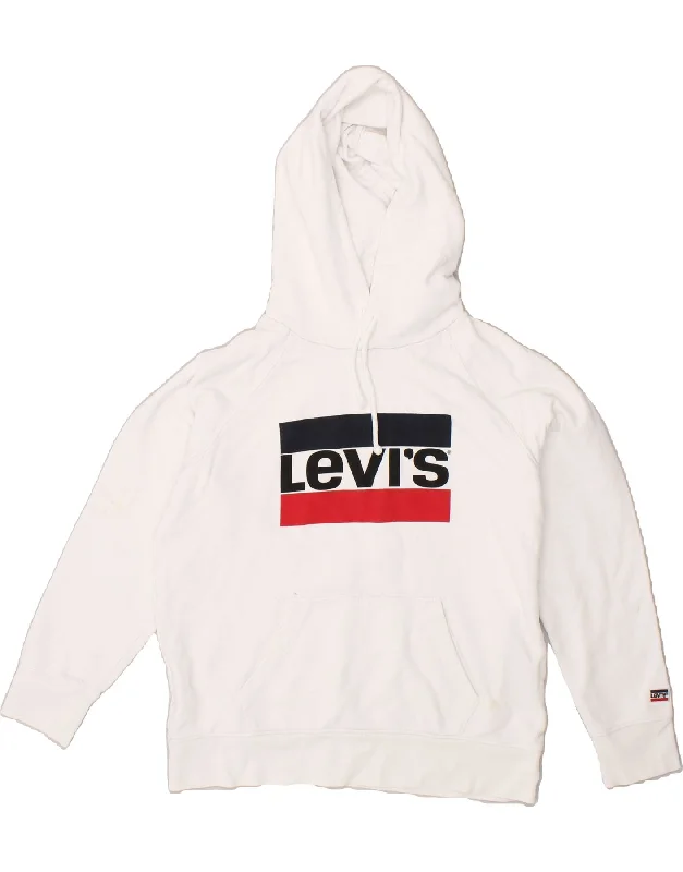 LEVI'S Womens Loose Fit Graphic Hoodie Jumper UK 10 Small White Cotton Zip Hoodie Drawstring Kangaroo Pocket